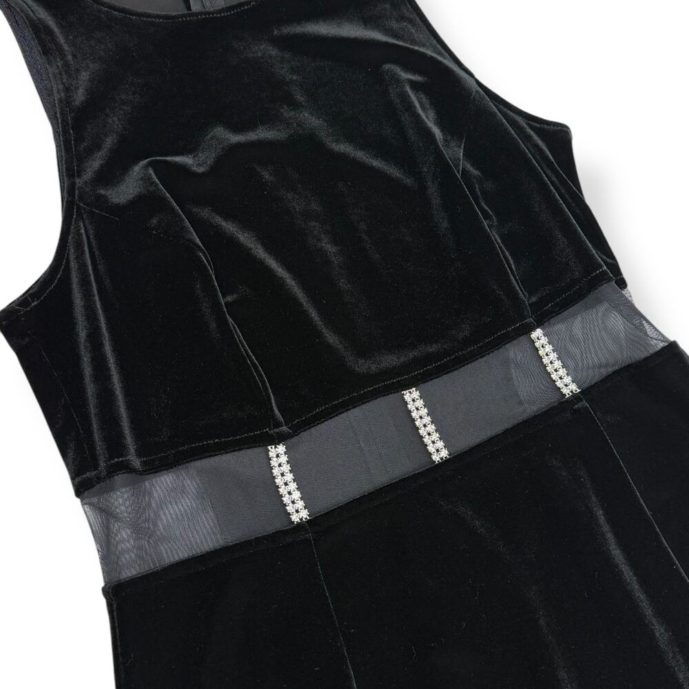 90's sexy black velvet long fitted dress with high slit and mesh crystal trim - Picture 16 of 16